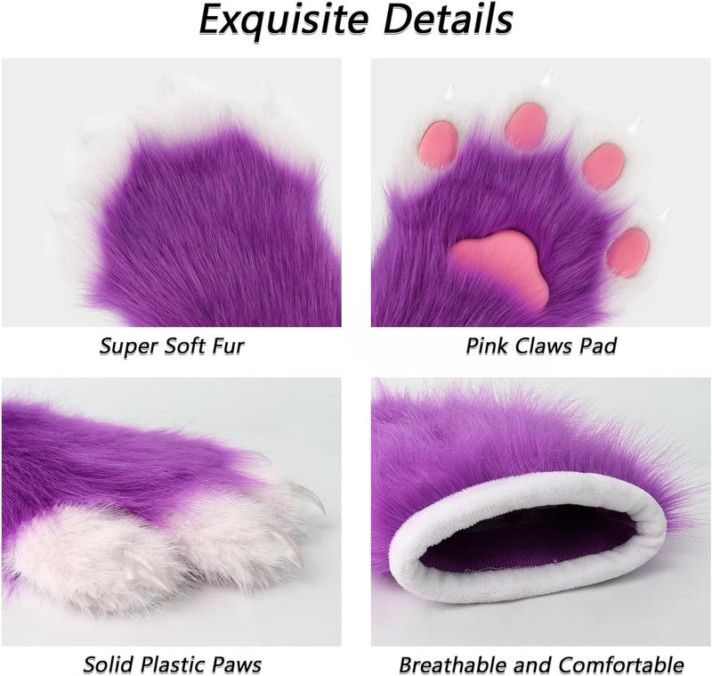 hbbhml Faux Fur Plush Furry Cat Claw Gloves Fursuit Animal Fox Paws Mittens Halloween Cosplay Costume Accessories for Adult - Image 4